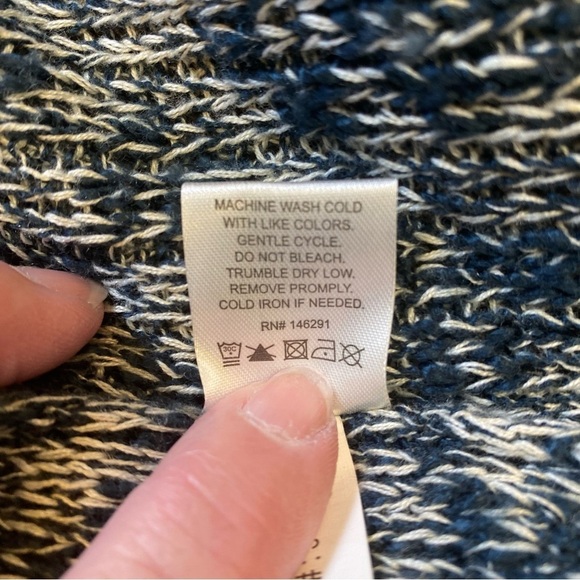 Moral‎ Fiber Cardigan Small Open Front Duster Blue Cream Crochet Lightweight - Picture 10 of 15